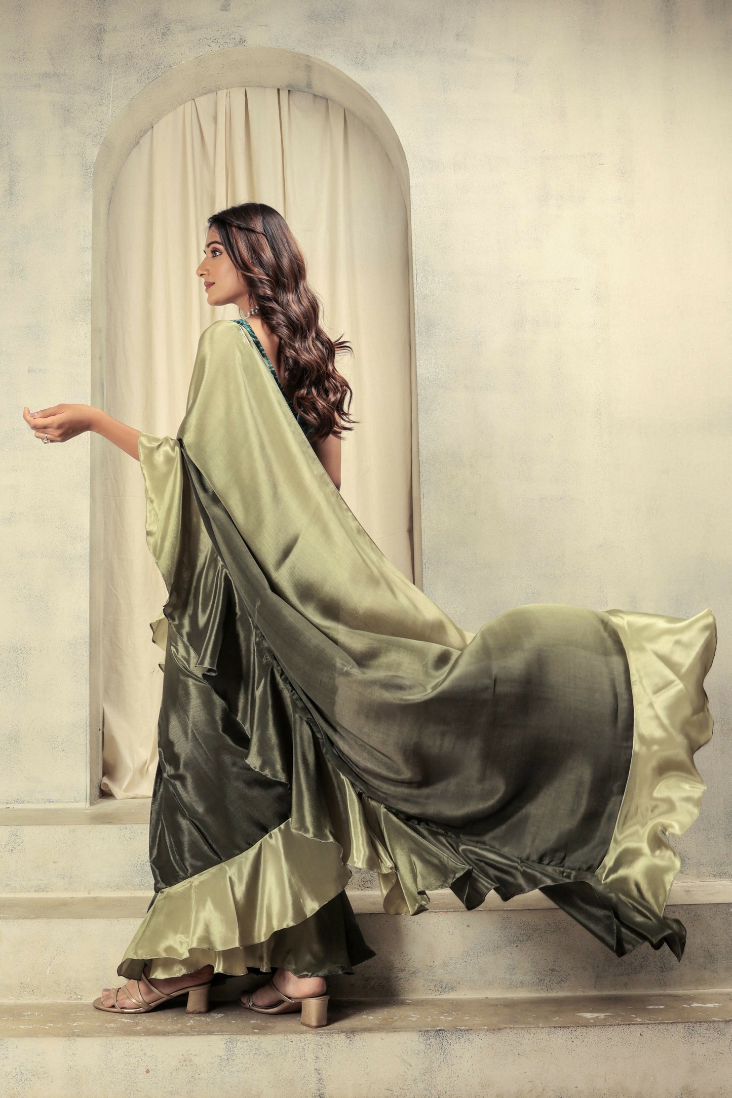 Green Satin Solid Designer, Printed Party Wear Ready To Wear Saree - Nasreen | Swadesiicart