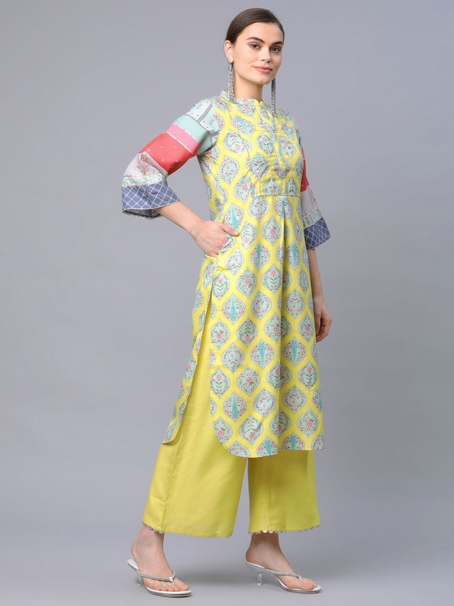 Ahalyaa Women's Yellow Pure Blend Digital Printed Kurta Palazzo Set | Swadesiicart