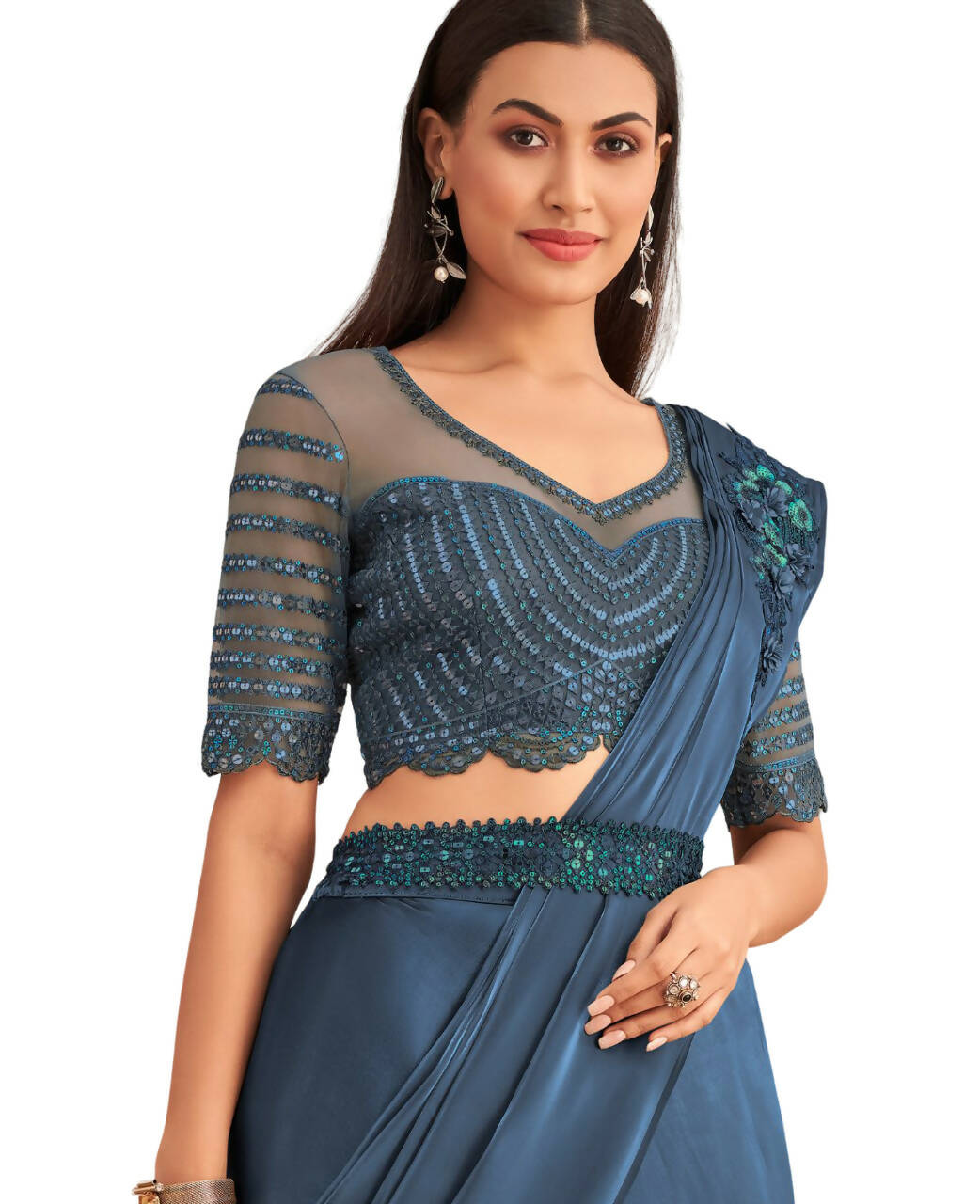 Navy Blue Satin Embroidered Ready To Wear Saree With Unstitched Blouse Piece - Nandika | Swadesiicart