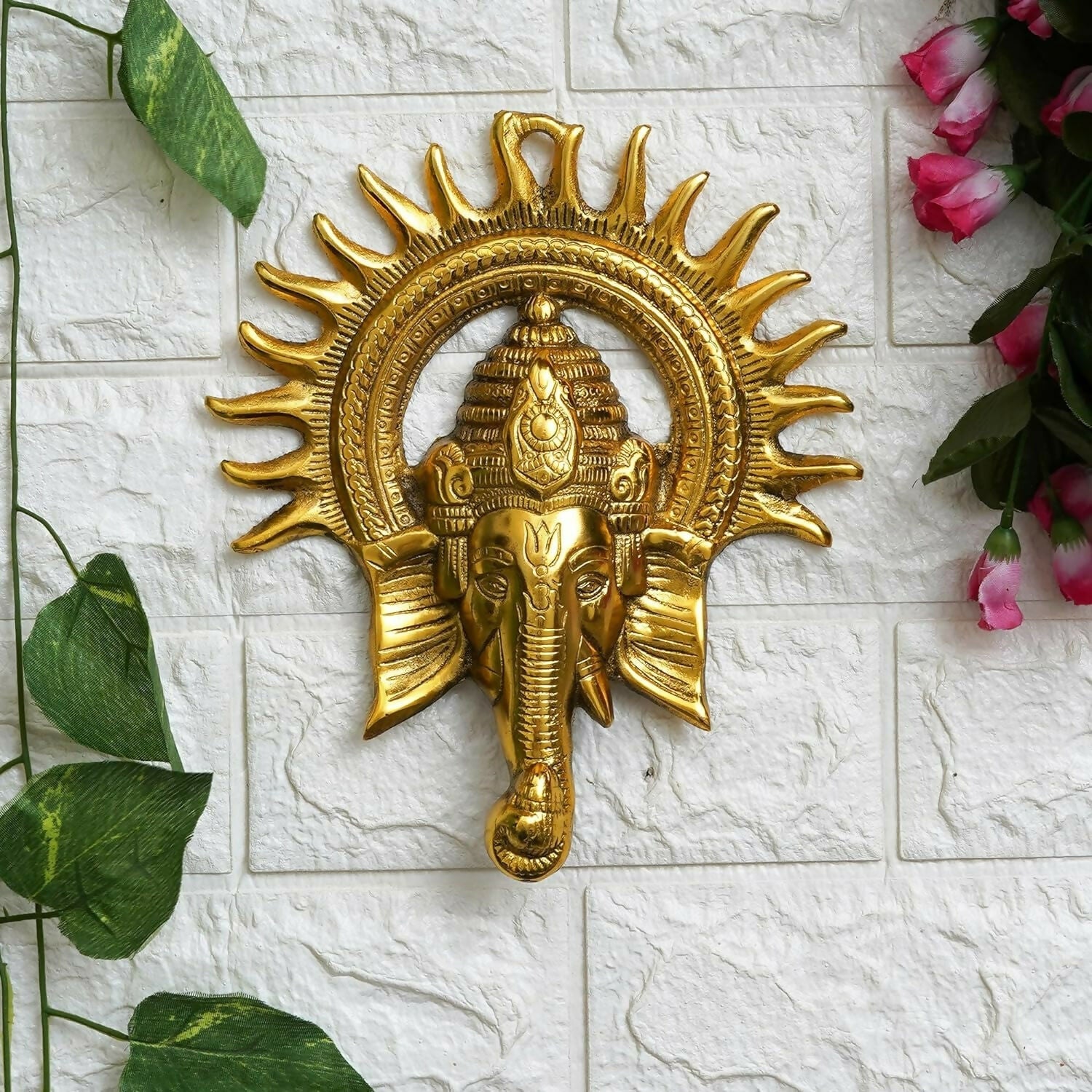 eCraftIndia Golden Lord Ganesha With Sun Decorative Metal Wall Hanging - Swadesiicart
