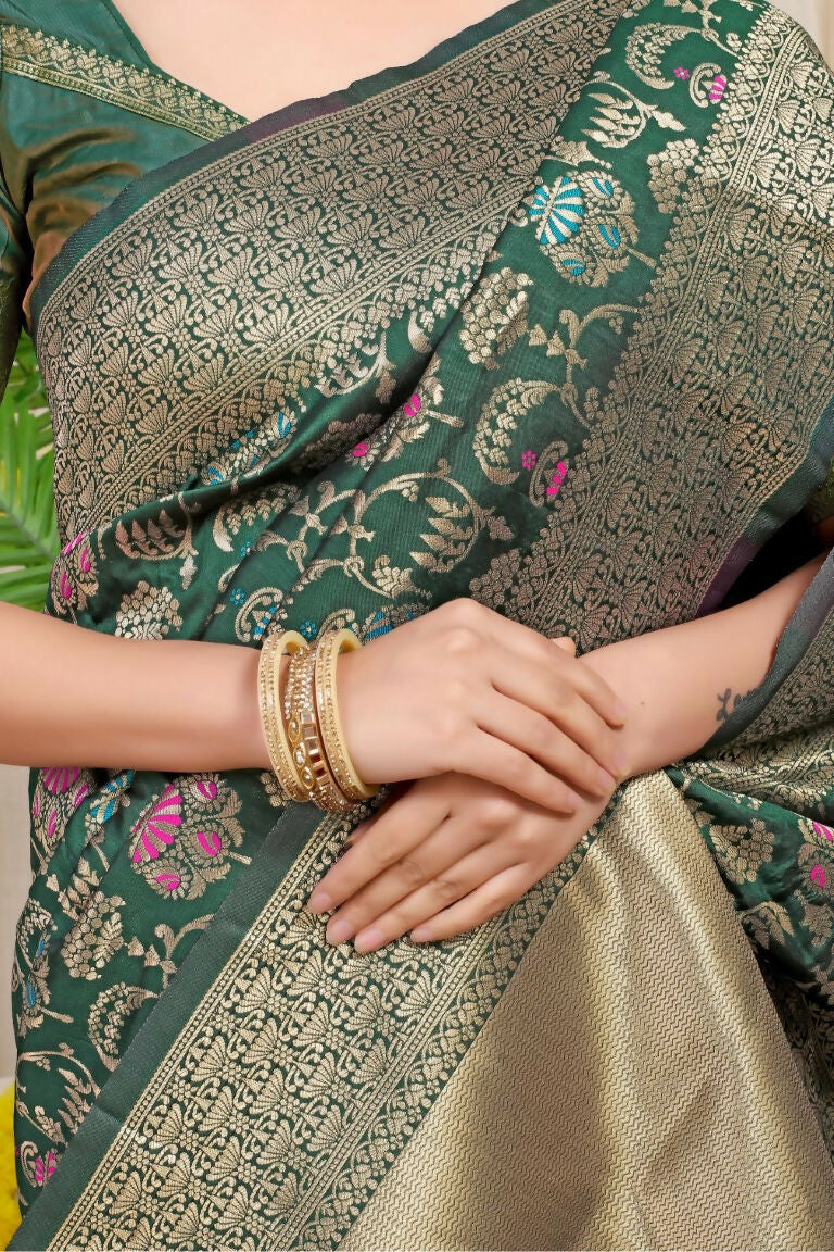 Jyoti Fashion Women's Bottle Green Kanjivaram Silk Zari Woven Saree with Blouse | Swadesiicart