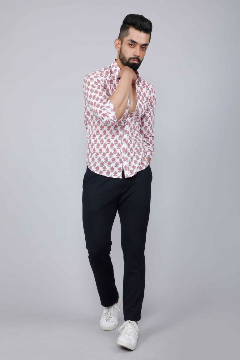 Miravan Men's White & Pink Spread Collar Floral Print Shirt | Swadesiicart