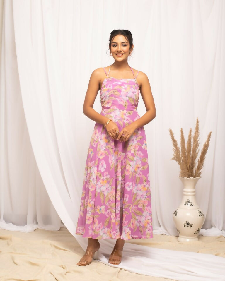 FIORRA Women's Light Pink Georgette Floral Printed Dress - Swadesiicart