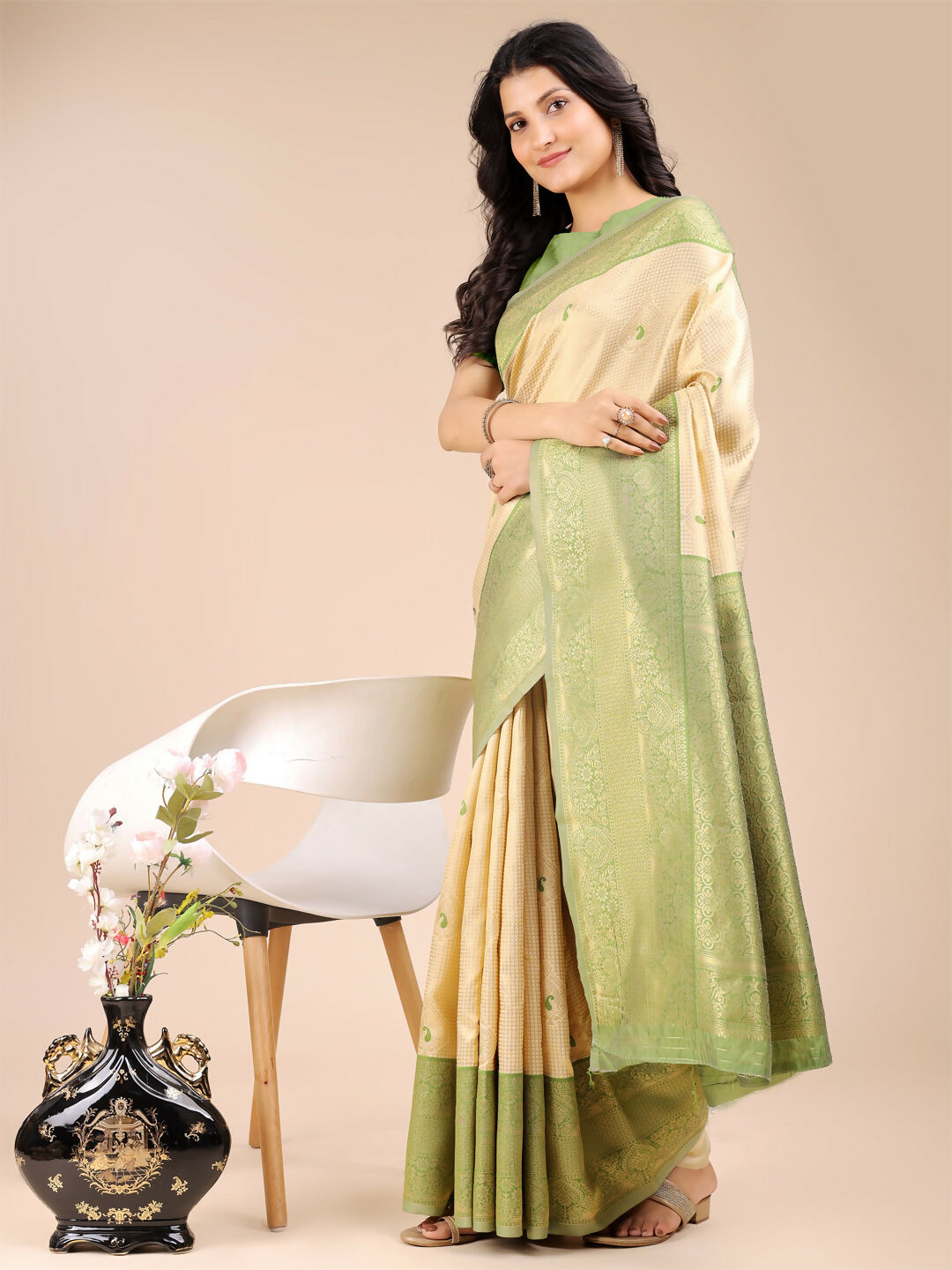 Astita Aura Silk Cream Light Green Banarasi Silk Saree | Swadesiicart