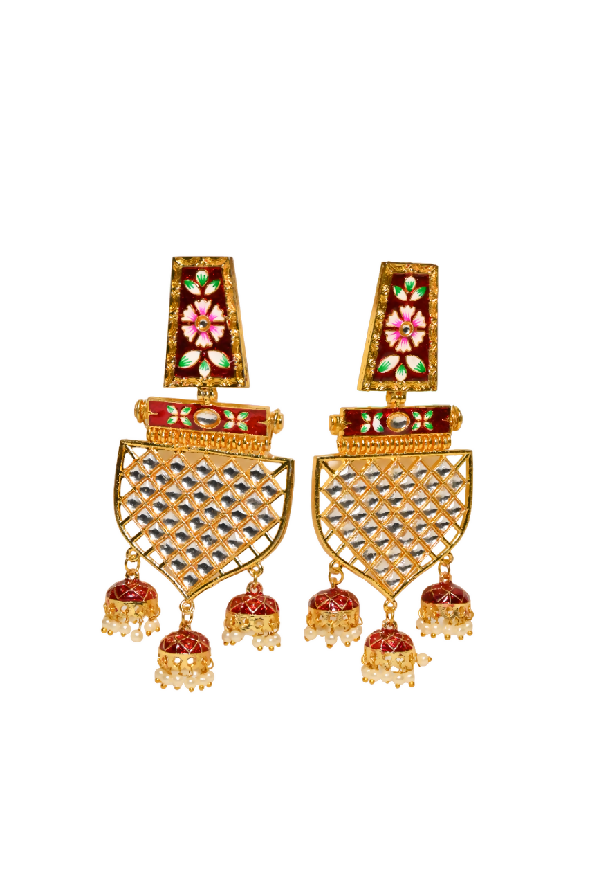 Traditional Gold-Polished Meenakari Maroon Jhumka Jhumki Earrings By House of Ree - Swadesiicart