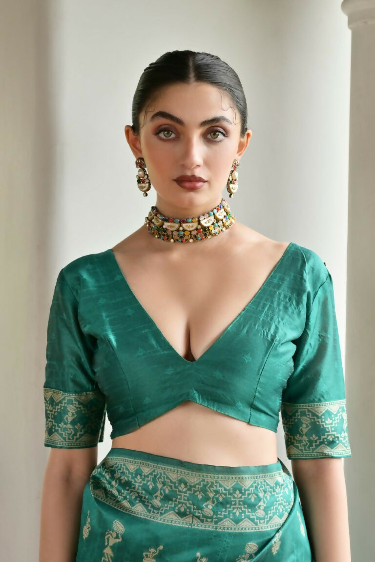 Vishnu Weaves Women's Rama Handloom Raw Silk Thread Weaving Saree with Blouse - Swadesiicart