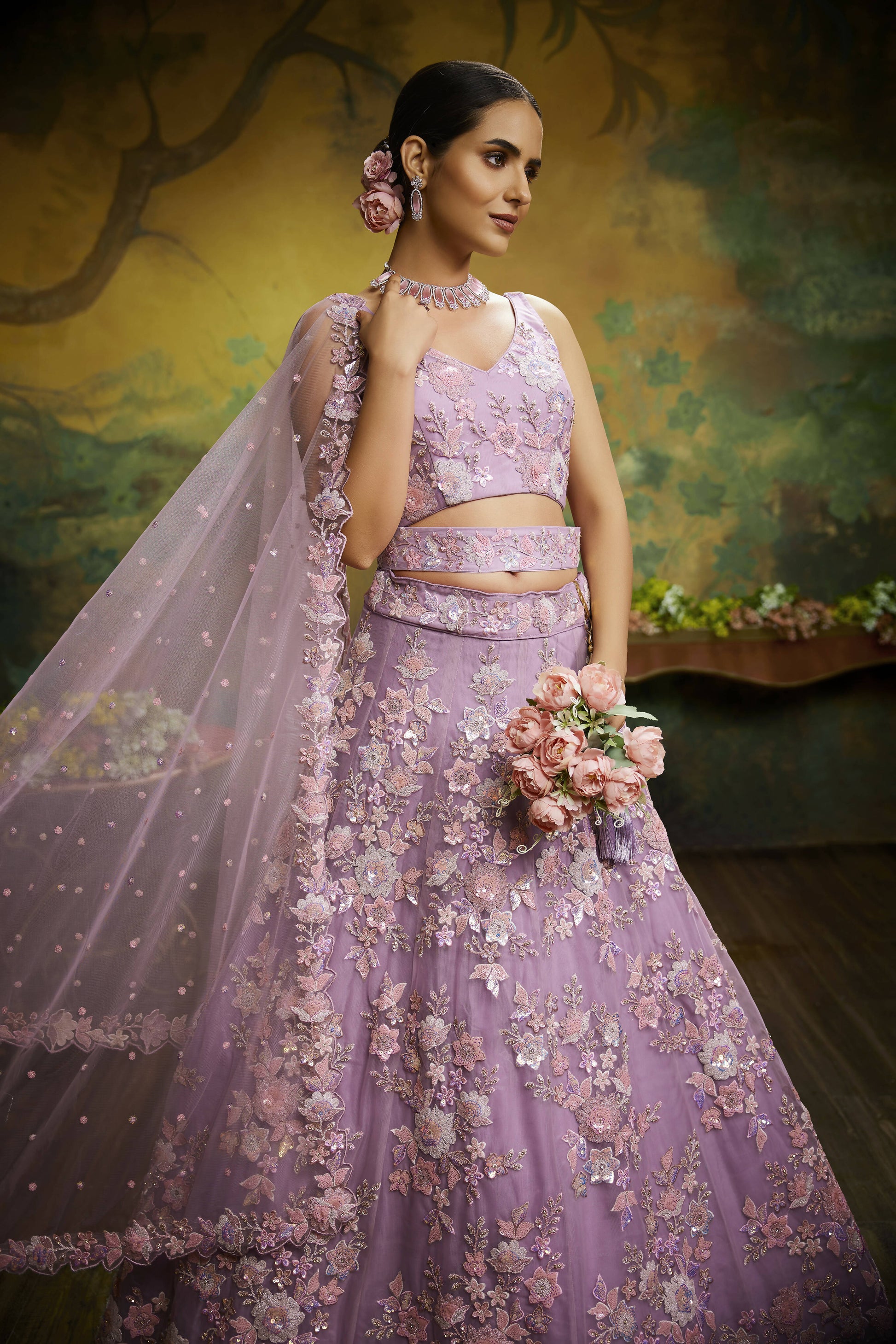House of Panchhi Mauve Net Sequins with heavy Zarkan embroidery Lehenga choli & Dupatta | Swadesiicart