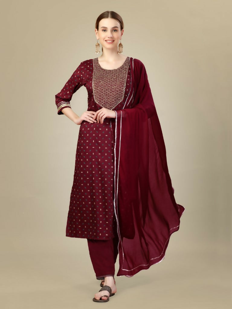Jyoti Fashion Women's Maroon Silk Blend Embroidery & Sequence work Kurta with Trouser & Dupatta | Swadesiicart