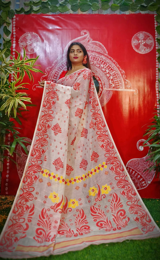 Exclusive Collection Handloom Dhakai Jamdani Saree - White & Red - Swadesiicart