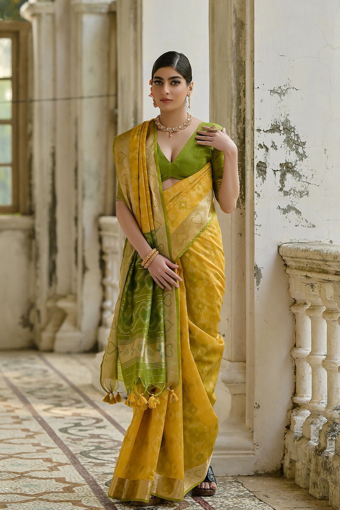 Vishnu Weaves Women's Yellow Raw Silk Thread Ikkat Woven Saree with Blouse - Swadesiicart