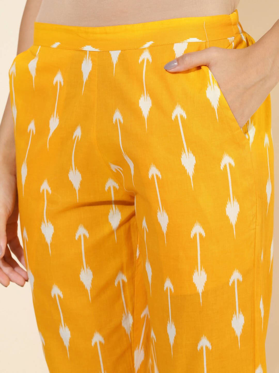 Janasya Women's Yellow Cotton Ikkat Printed Casual Straight Co-ords - Swadesiicart