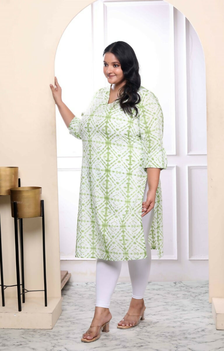 Miravan Women's Plus Size White And Green Tie Dye Cotton Kurti - Swadesiicart