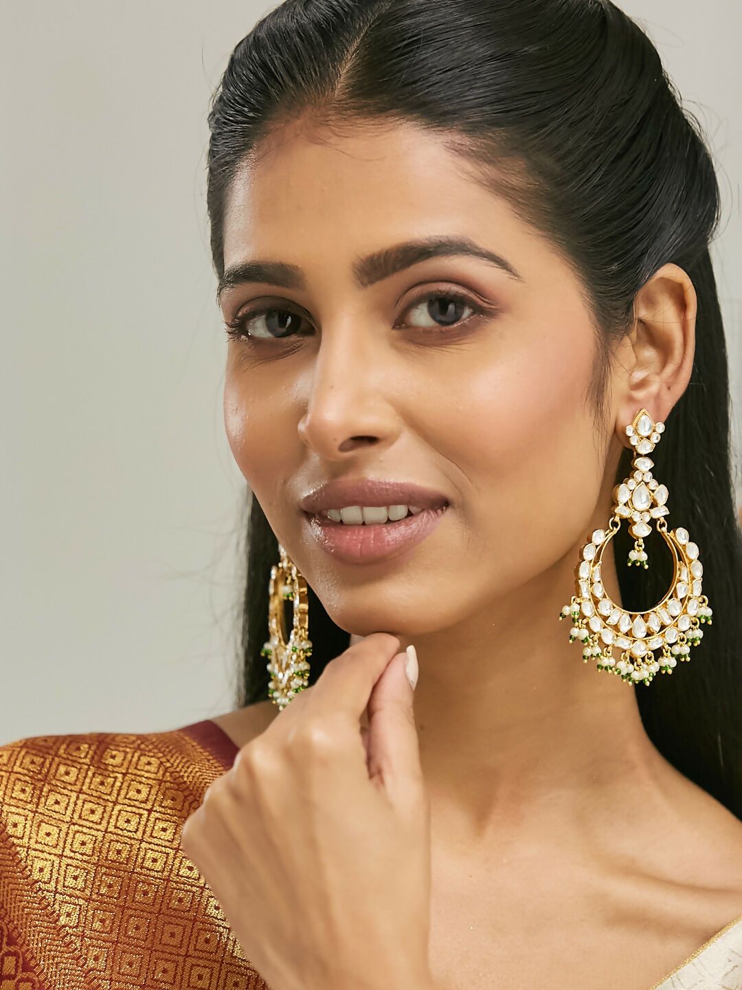 Nuyug 22K Gold-Plated Elegant Kundan Studded & Beaded Floral Chandbali Earrings | Swadesiicart
