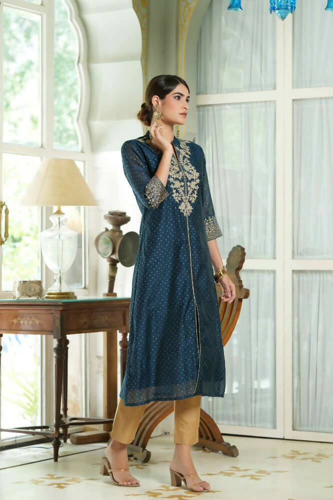 Juniper Blue Chanderi Festive Embroidered Polka Dot Printed A-Line Kurta For Women | Swadesiicart