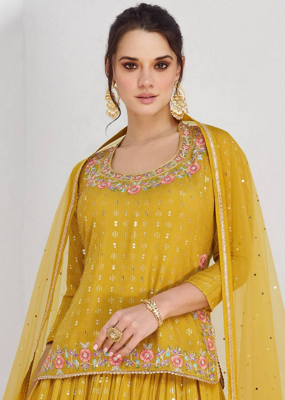 Lorenvalley Fashion Yellow Chinon Embroidery with Sequince Work Salwar Lehenga Stitched | Swadesiicart