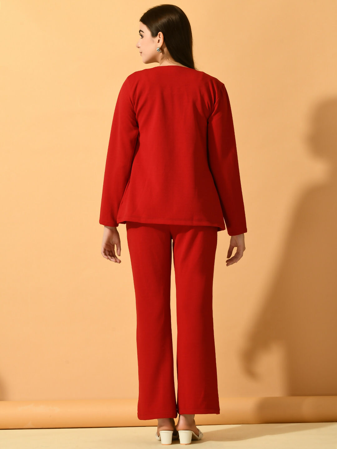 Myshka Women's Red Solid Coat With Trousers - Swadesiicart