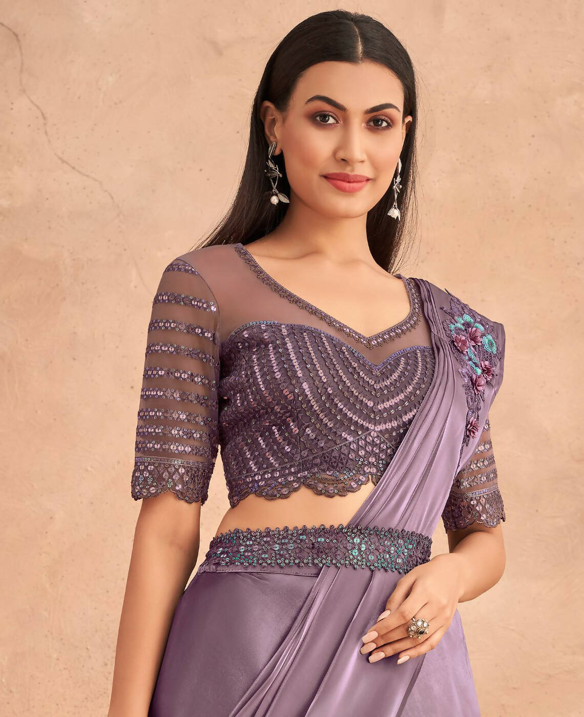 Purple Satin Embroidered Ready To Wear Saree With Unstitched Blouse Piece - Nandika | Swadesiicart