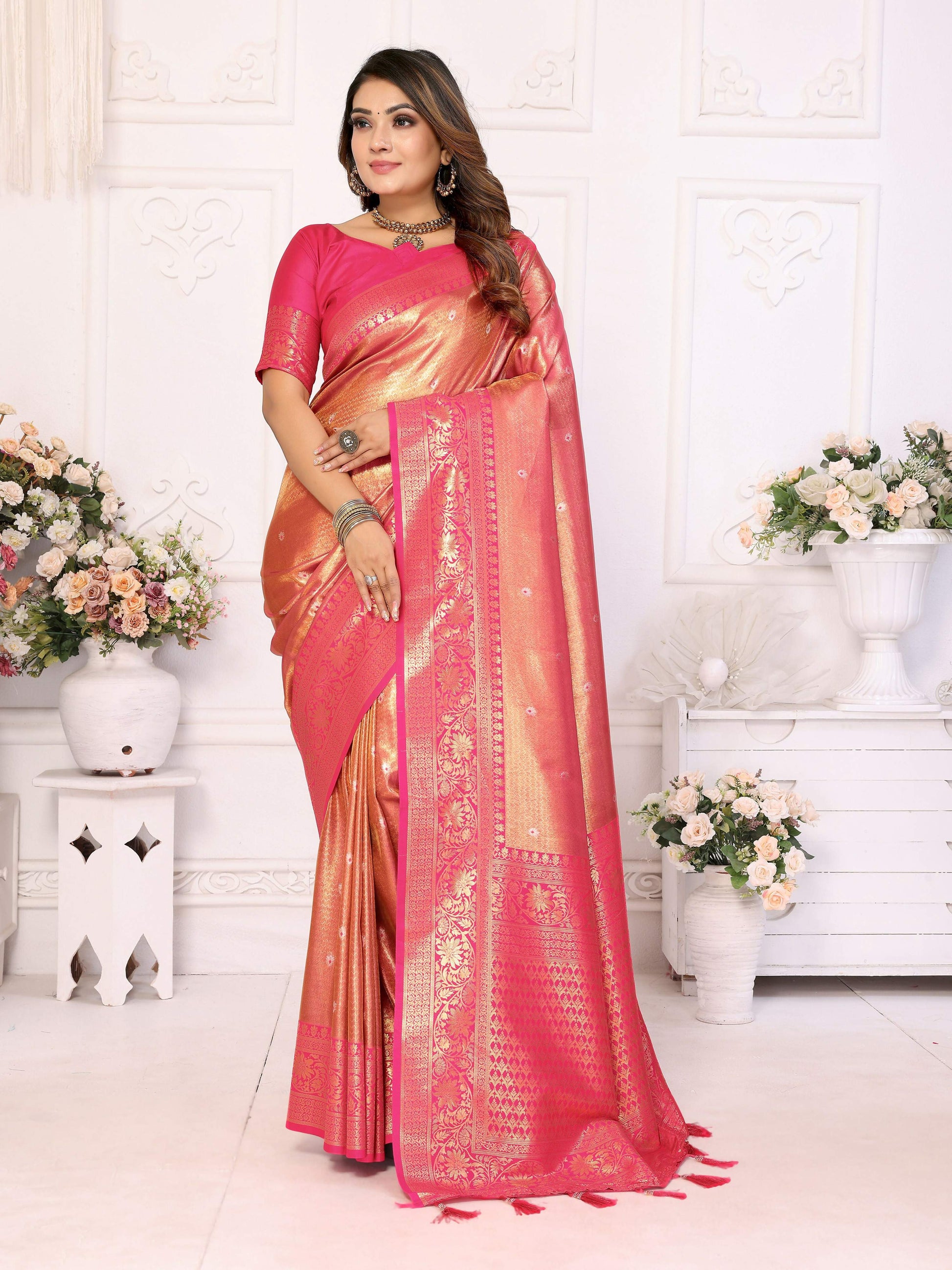 Aastha Fashion Pink Tissue Silk Weaving Saree