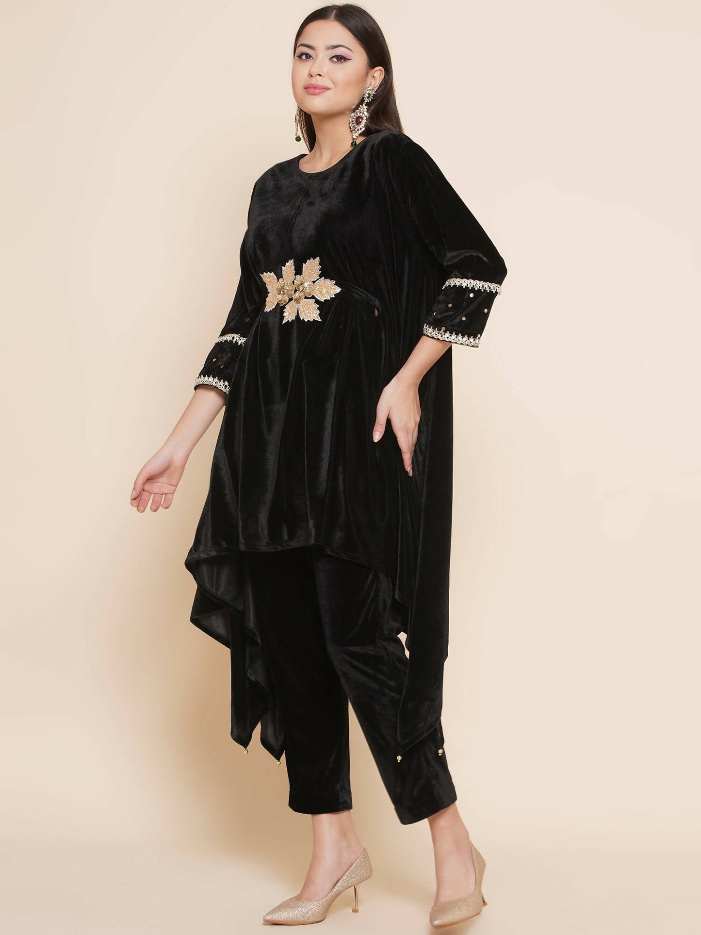 Women Republic Black Velvet Kaftaan Style Kurta With Pants | Swadesiicart