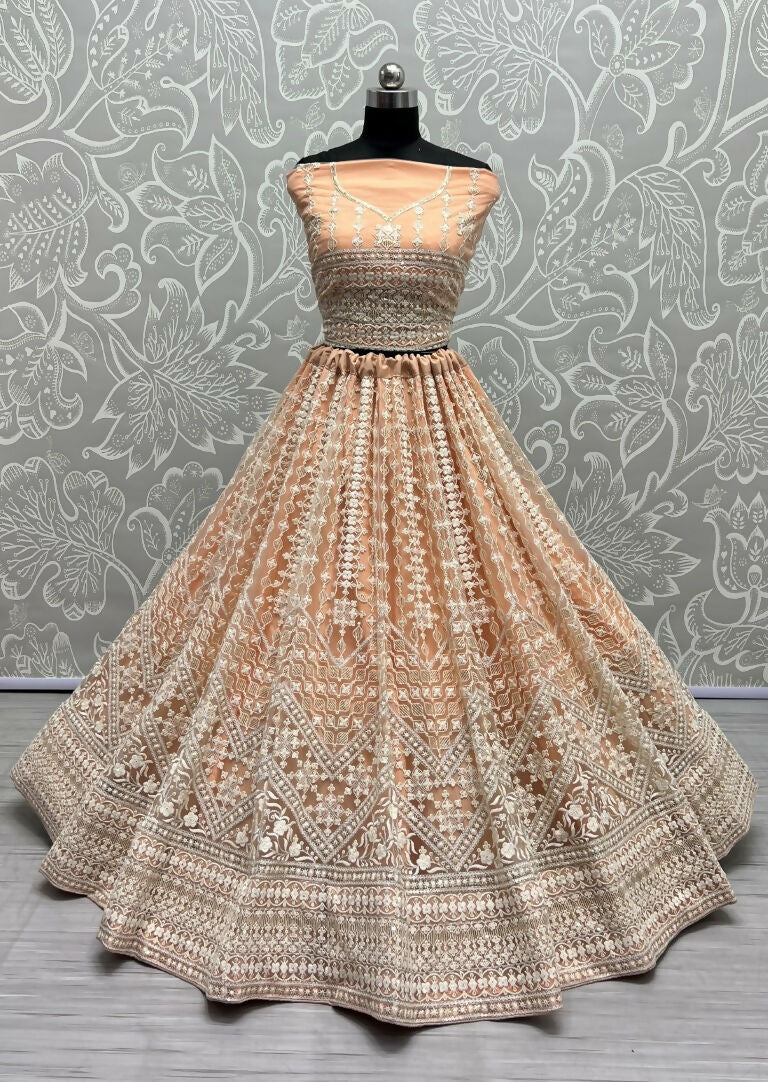 Jyoti Fashion Women's Peach Net Patterned Thread Embroidered with Sequins Wedding Lehenga Choli | Swadesiicart