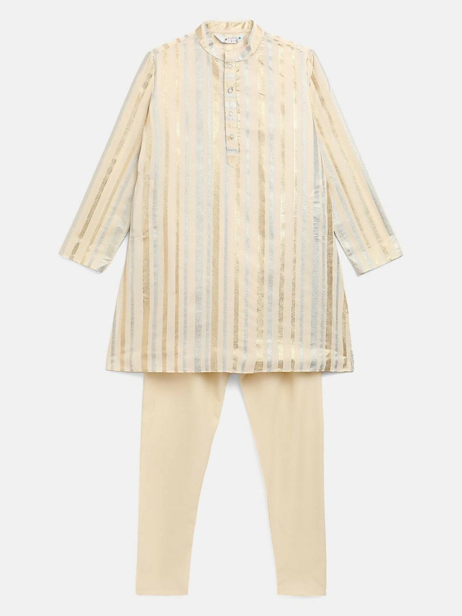Ahalyaa Cream Crepe Foil Print Kids Kurta Churidar Set For Boys | Swadesiicart