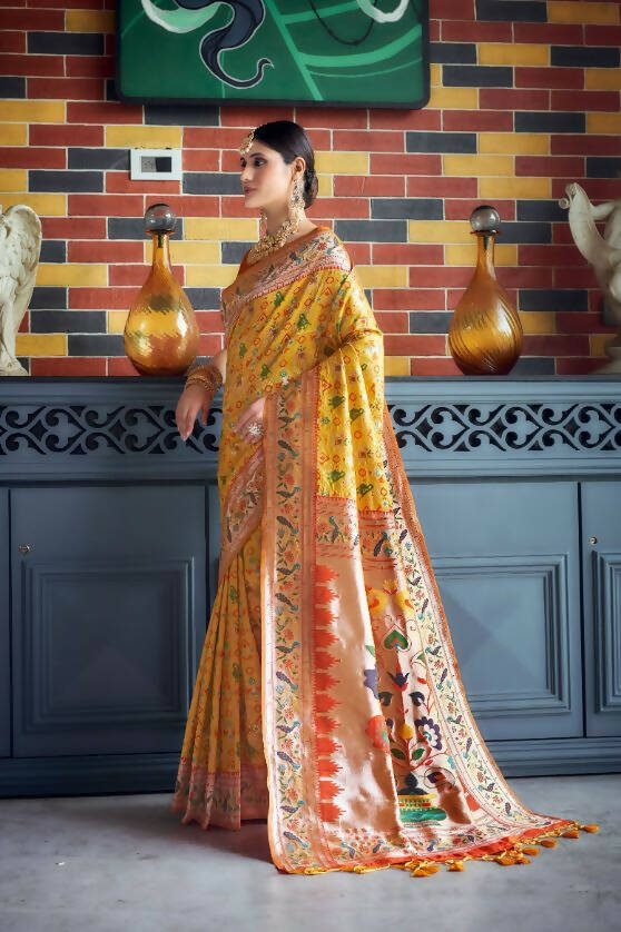Vishnu Weaves Women's Yellow Paithani Patola Silk Zari Woven Saree with Unstitched Blouse - Swadesiicart