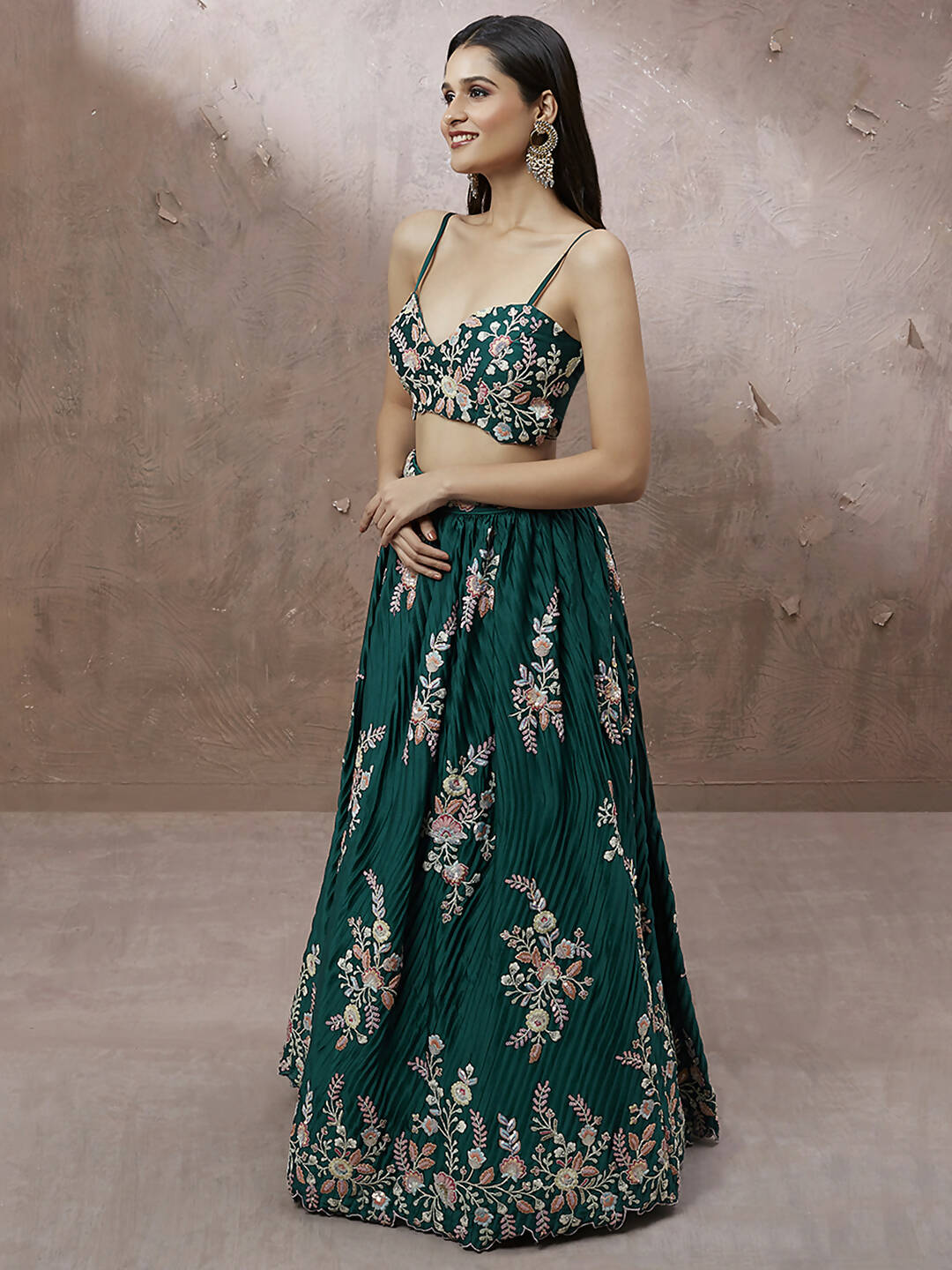 House of Panchhi Teal - Pure Georgette Thread & Sequins Work Lehenga | Swadesiicart