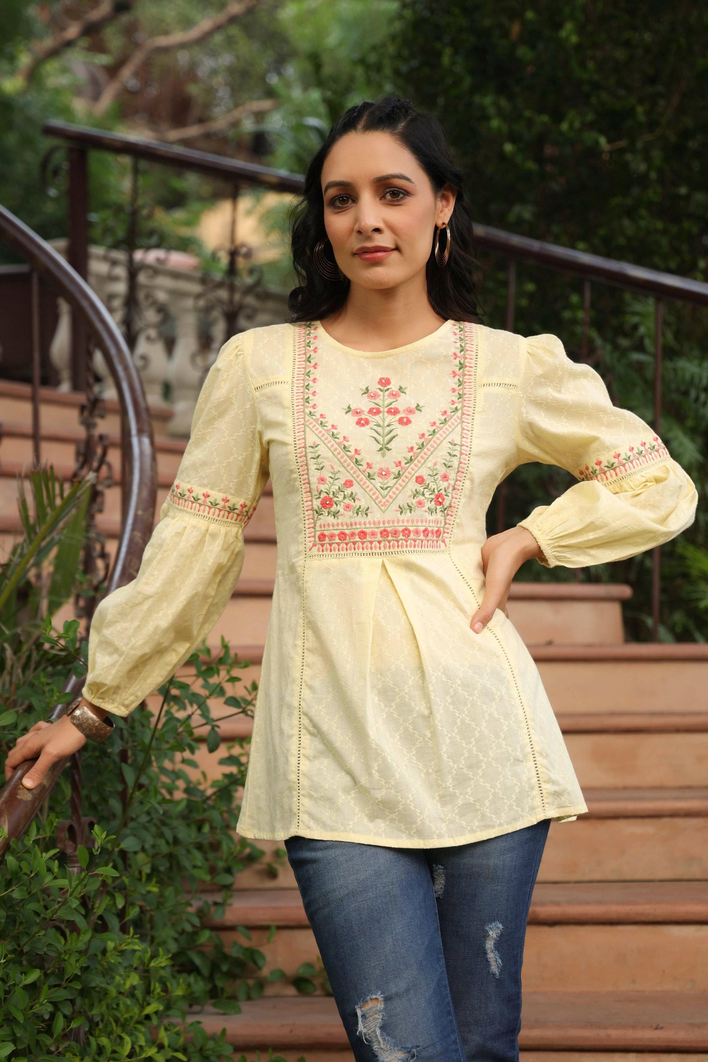 Juniper Women's Lemon Cotton Dobby Solid Embroidered Straight Tunic | Swadesiicart