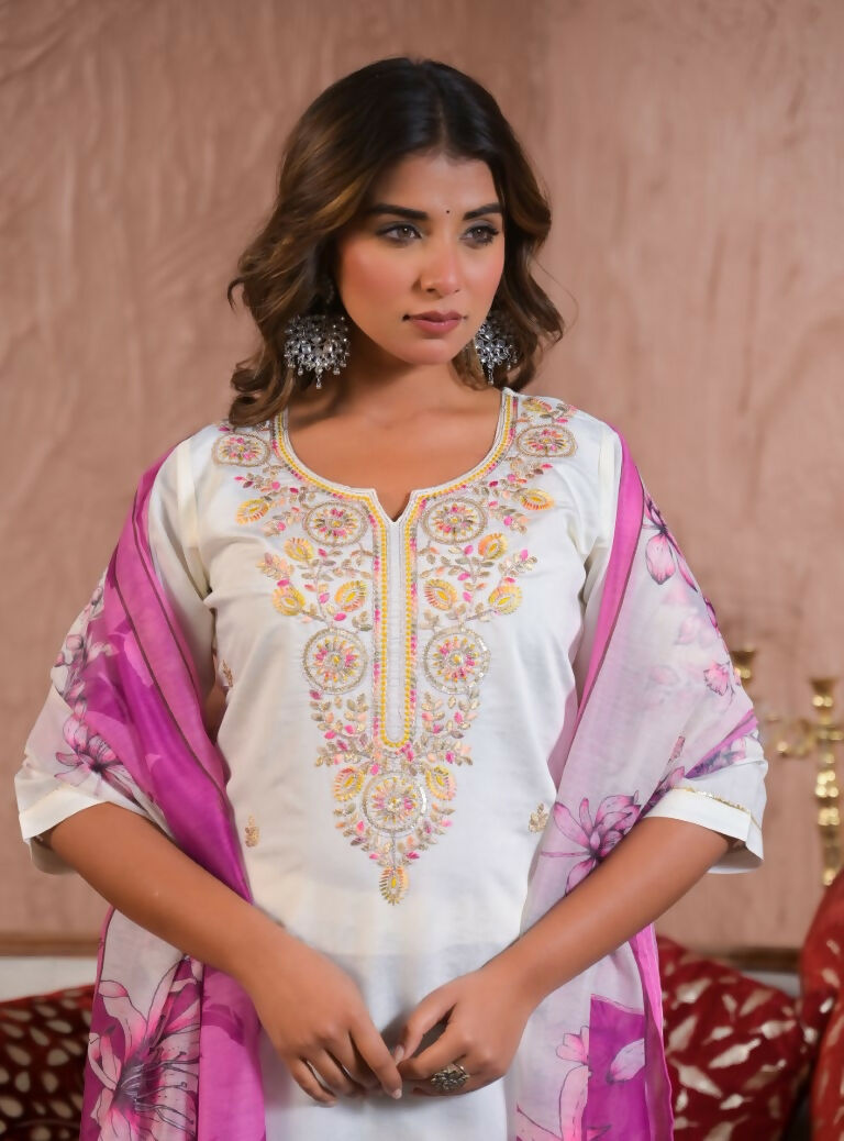 Ethnic Festive Wear Viscose Chanderi White Stitched Suit With Dupatta - Tanisha | Swadesiicart