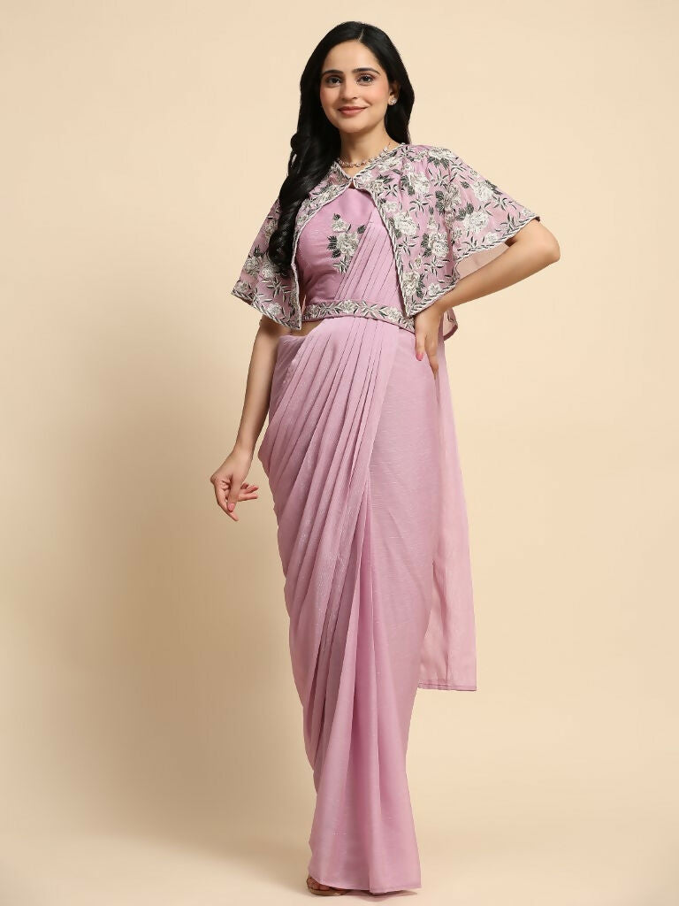 Pink Chiffon Solid Ready to wear Saree with stitched Blouse - Aayan | Swadesiicart
