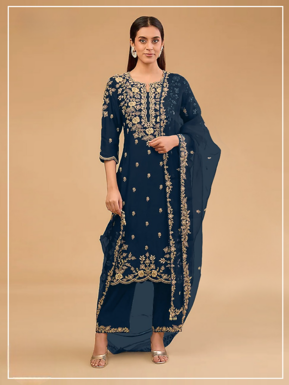 Anaita Navy Vichitra Suit with Embroidered & Multi Thread Zari Work - Swadesiicart