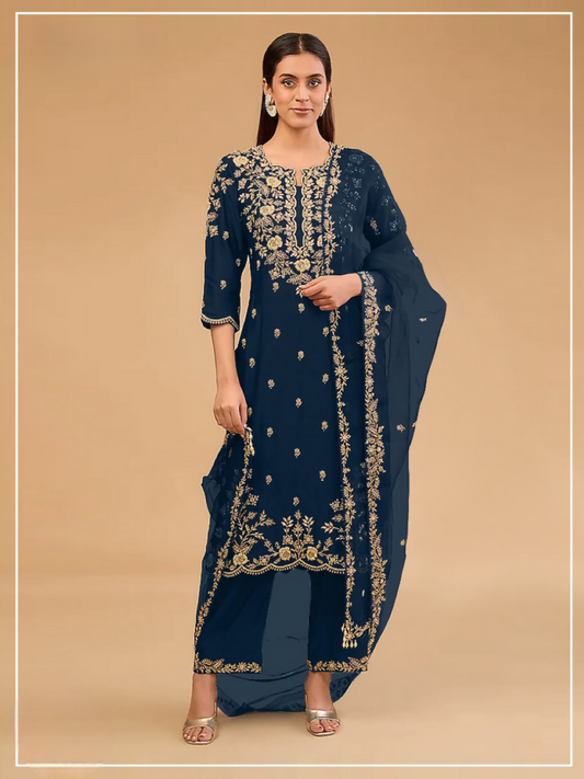 Anaita Navy Vichitra Suit with Embroidered & Multi Thread Zari Work - Swadesiicart