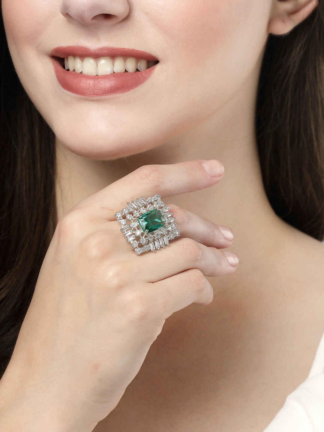 NVR Women's Green & Silver CZ-Studded Square-Shaped Adjustable Finger Ring | Swadesiicart