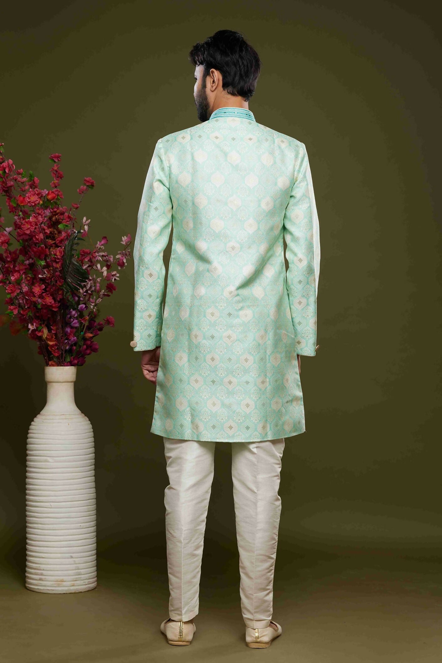 Raivat Ethnic Banarasi Jacquard Embroidery Semi Indo Western Sherwani In Pista Green Colour | Swadesiicart