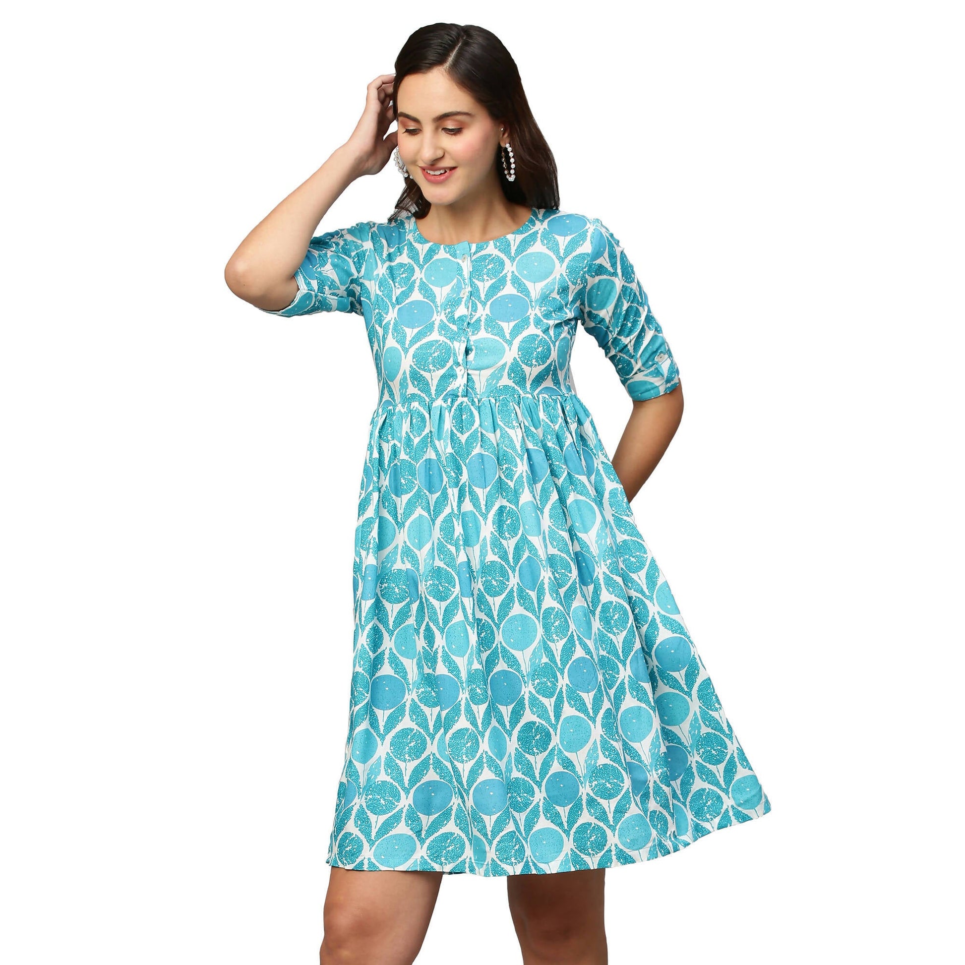 Blue & White Ethnic Motifs Printed Cotton A-Line Dress - Poonam