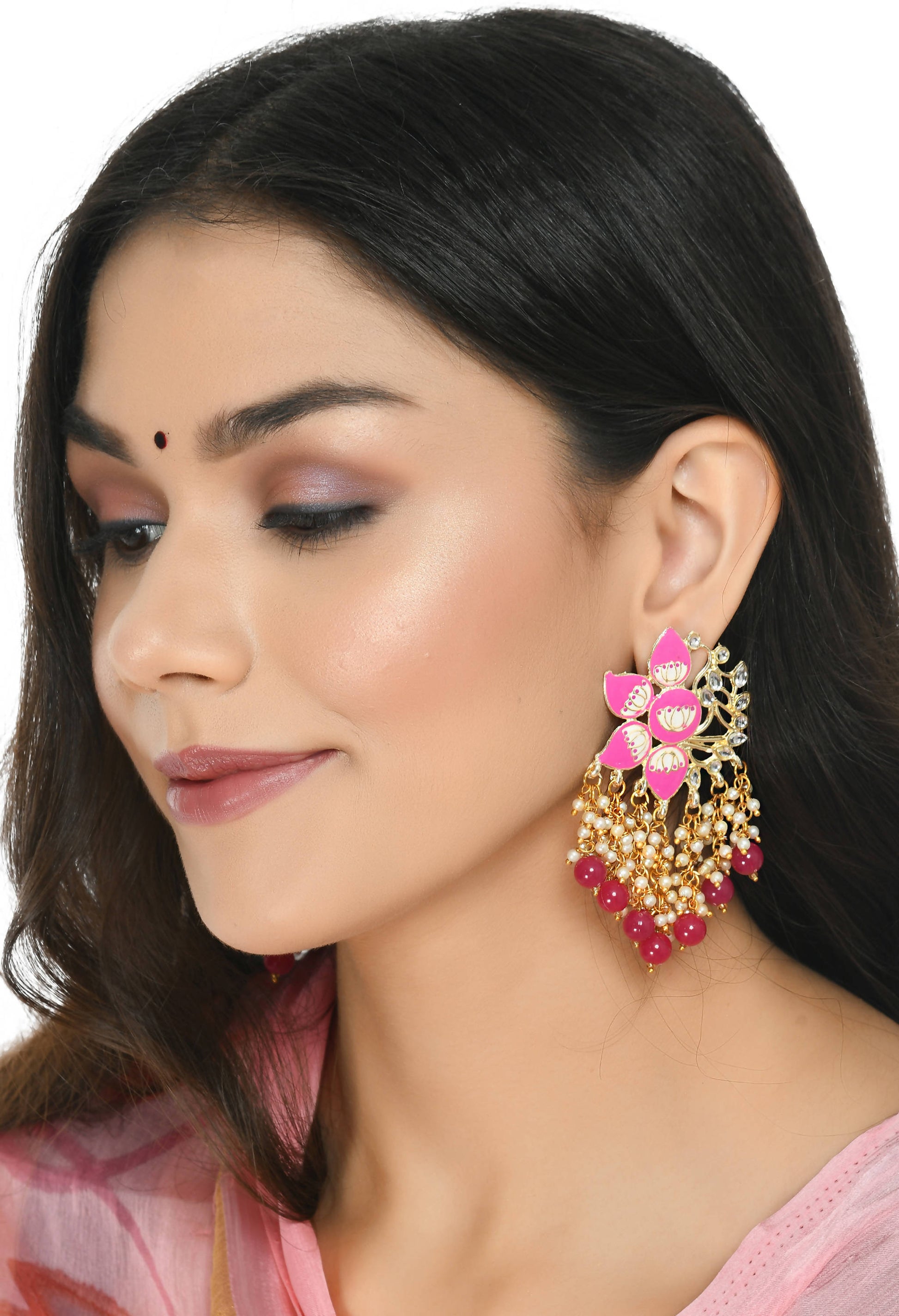 Mominos Fashion Johar Kamal Gold-Polished Kundan Pink Meenakari Earrings - Swadesiicart