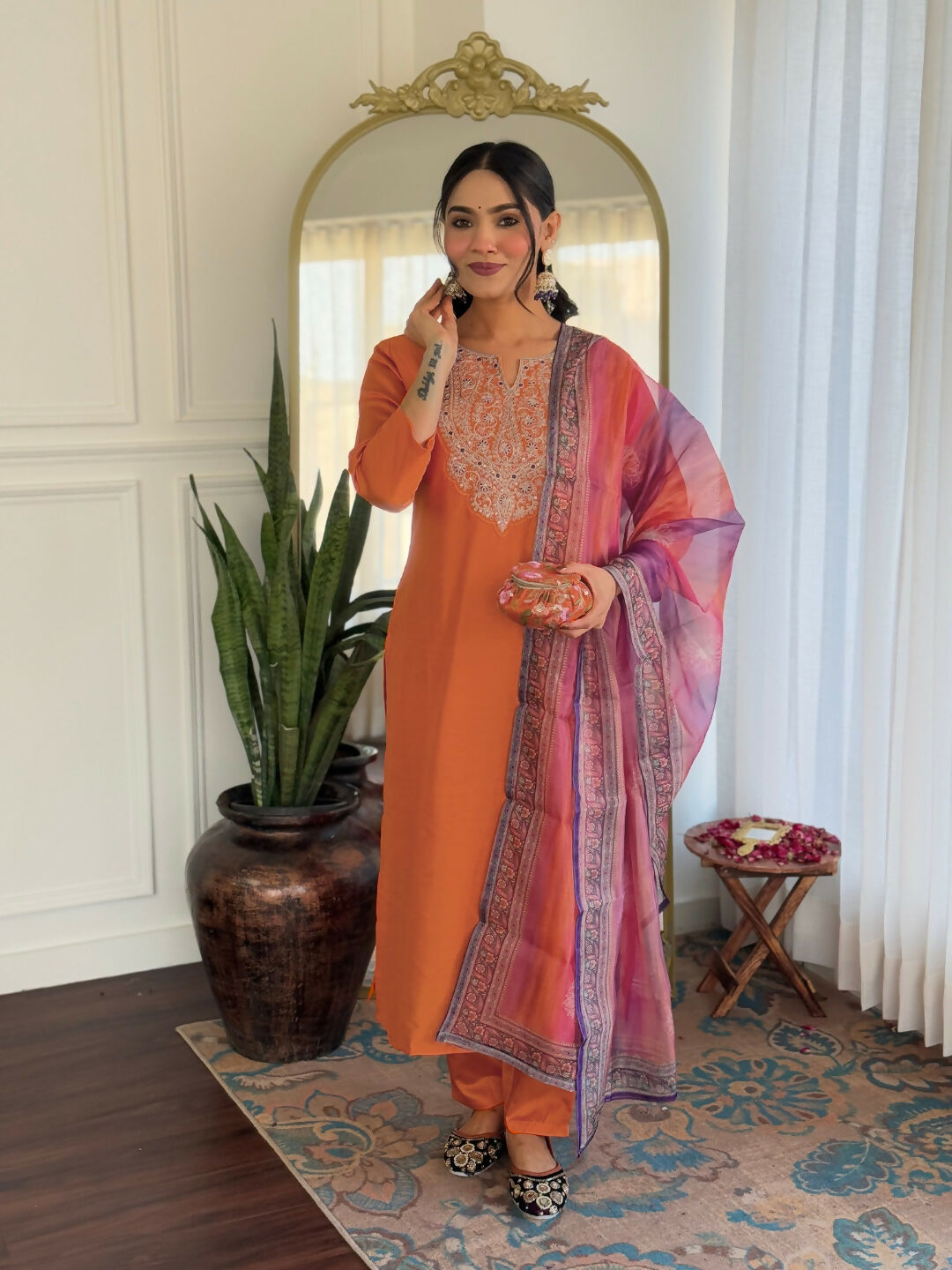 The52 Orange Women's Gorgeous Embroidered Rayon Fabric with Straight Kurta, Pant and Dupatta Set - Swadesiicart
