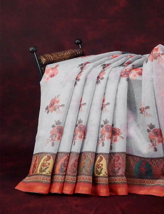 Mix of Grey and Orange Floral Print Semi Chanderi Saree By Gayathri Reddy Designer Studio | Swadesiicart