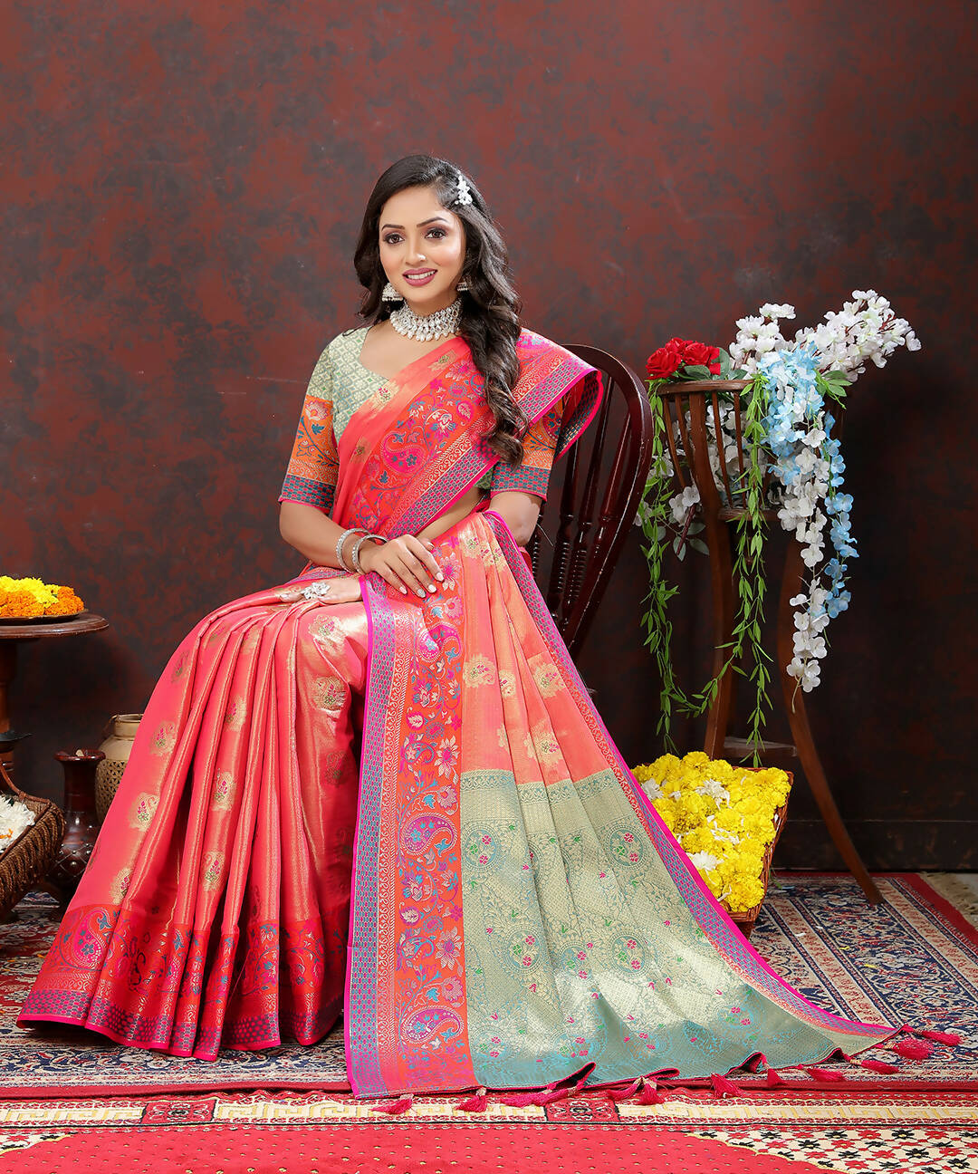 Lorenvalley Fashion Peach Kanjivaram Silk Woven Design with Zari Weaving Saree - Swadesiicart