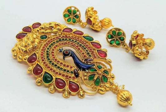 Gold-Polished Multicolor Kemp Peacock Pendant Set | Swadesiicart