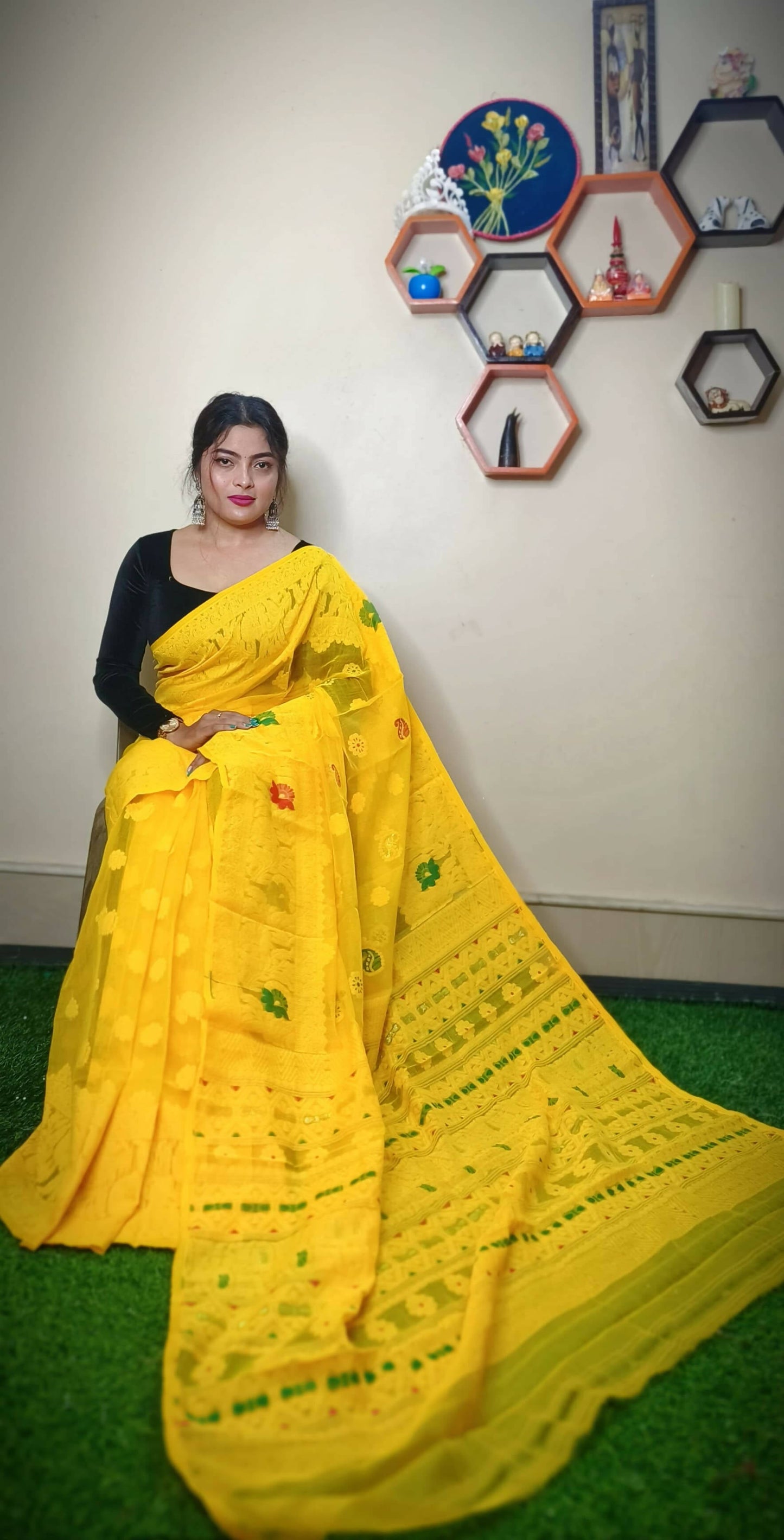 Exclusive Collection Handloom Dhakai Jamdani Saree - Pure Yellow - Swadesiicart