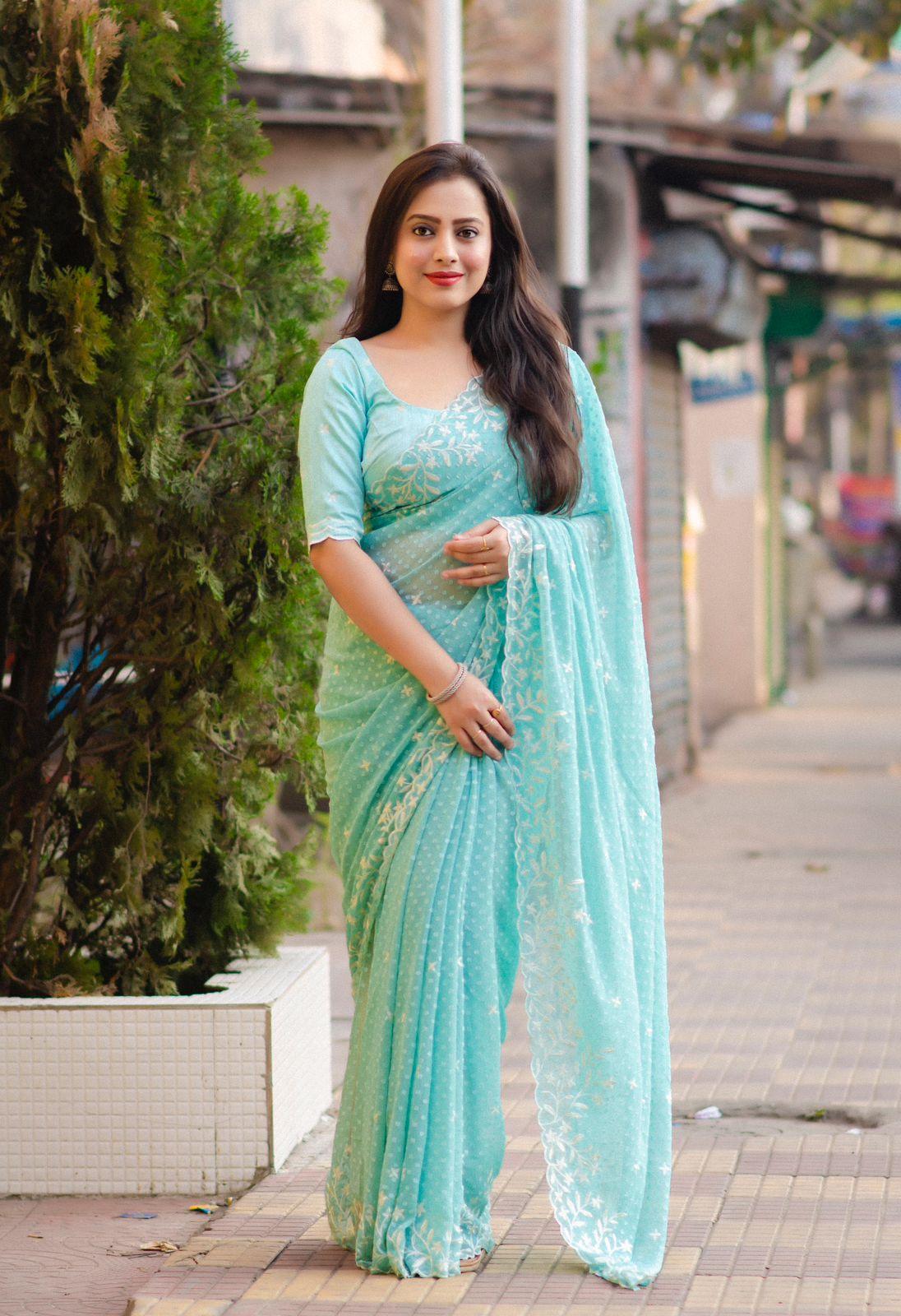Sky Pure Chiffon Woven Design Saree with Unstitched Blouse - Hiral Fashion | Swadesiicart