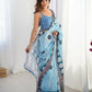 Blue Chinon Designer Digital Printed,Mirror Cut Work Saree - Elayna