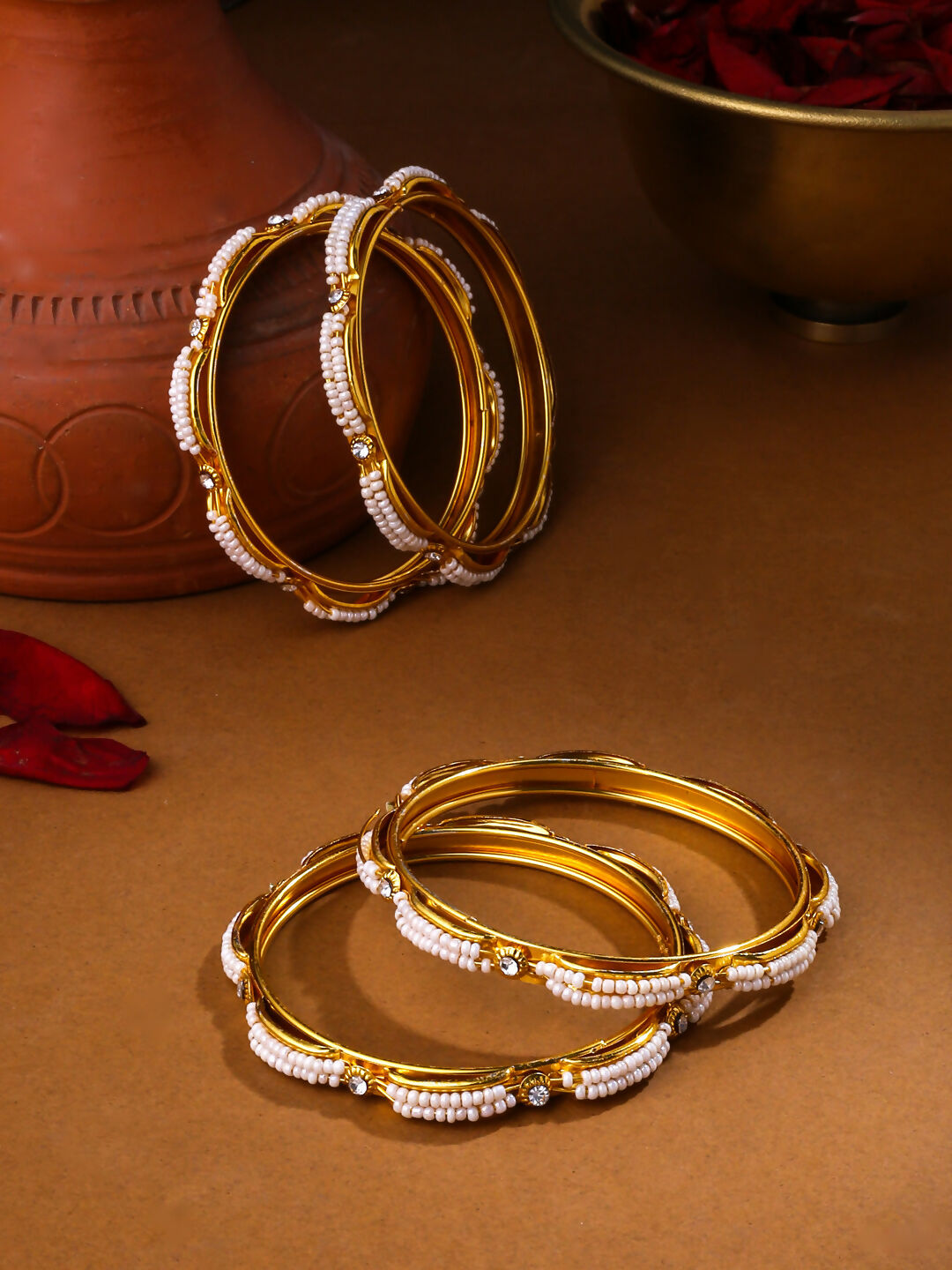 NVR Women's Set of 4 Gold-Polished Traditional Pearls Beaded Bangles - Swadesiicart