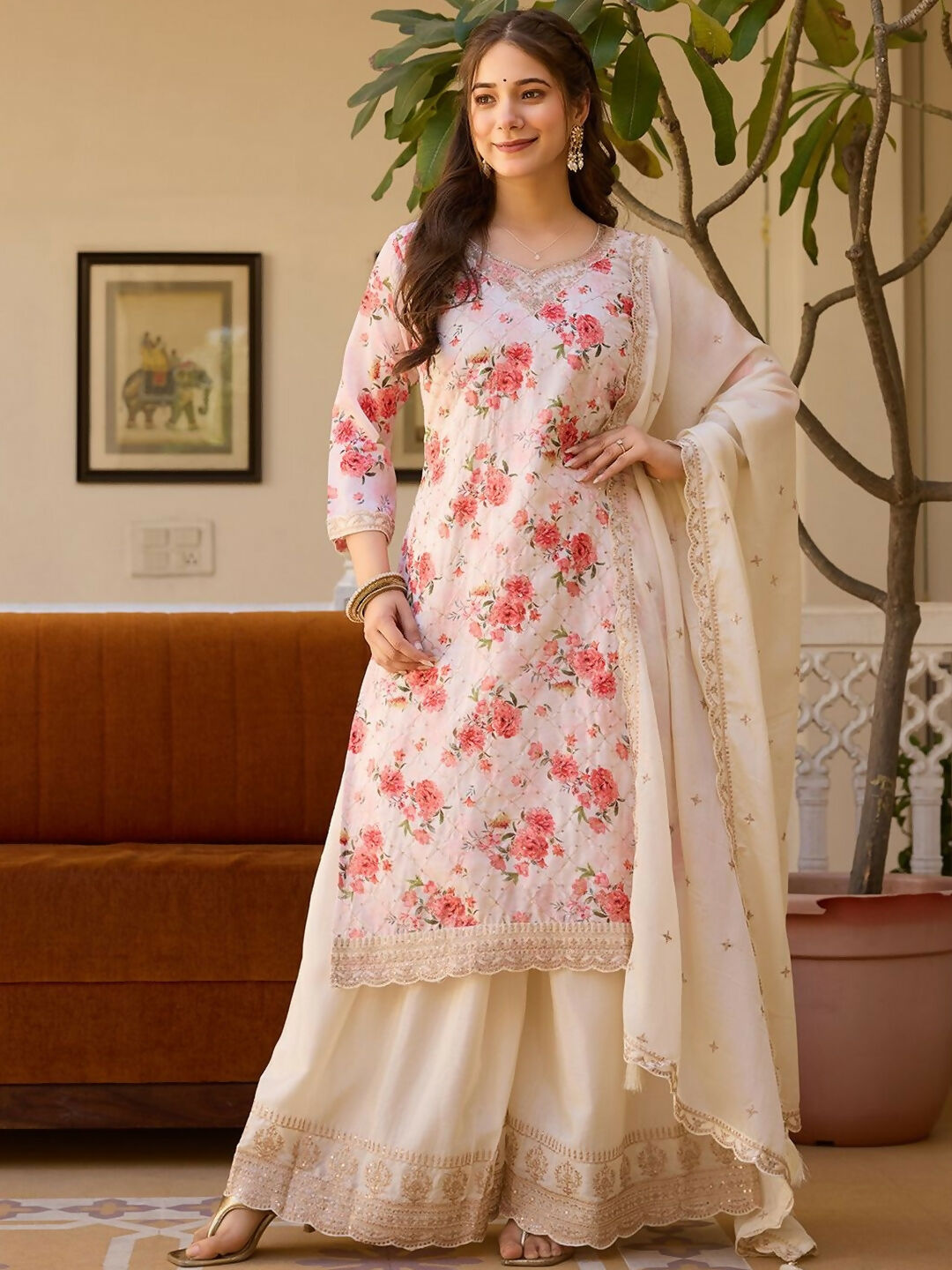 The52 White Women's Gorgeous Embroidered Chinon Fabric Straight Kurta Palazzo and Dupatta Set - Swadesiicart