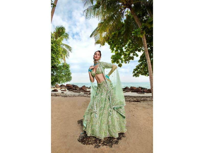 House of Panchhi Lime green Net Multi Sequins with heavy Zarkan embroidery Lehenga choli & Dupatta | Swadesiicart