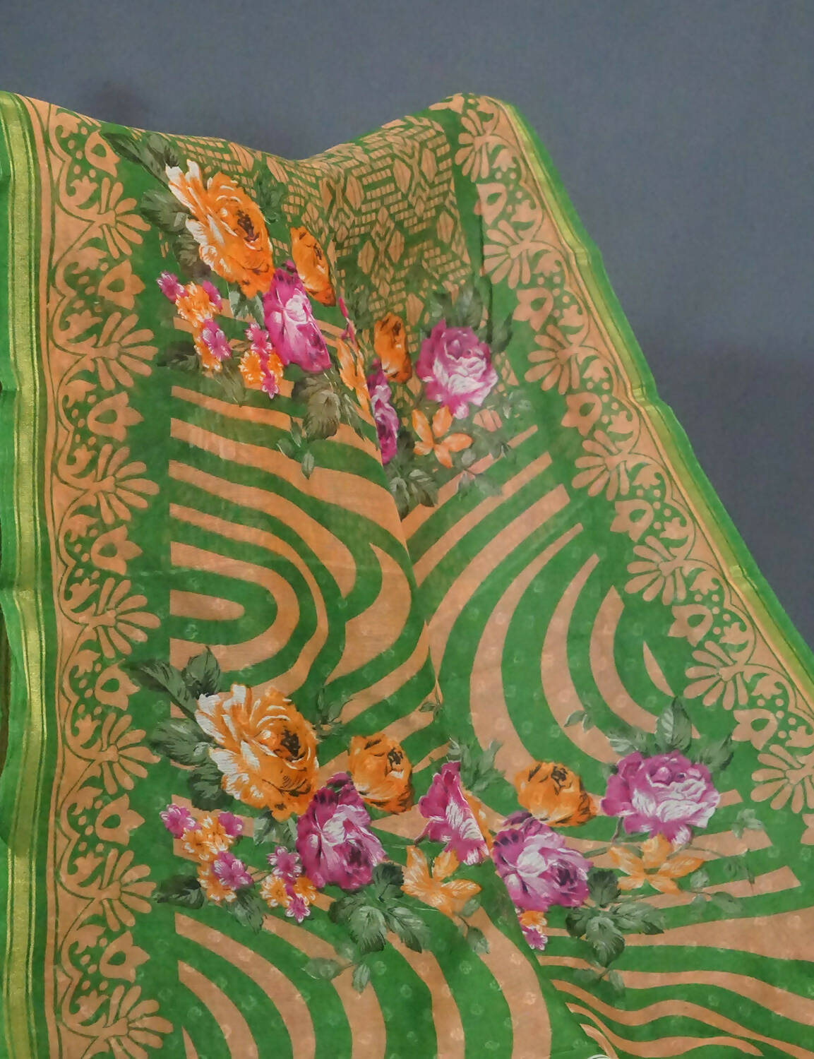 Shades Of Parrot Green Floral Design Semi Chanderi Saree By Gayathri Reddy Designer Studio | Swadesiicart