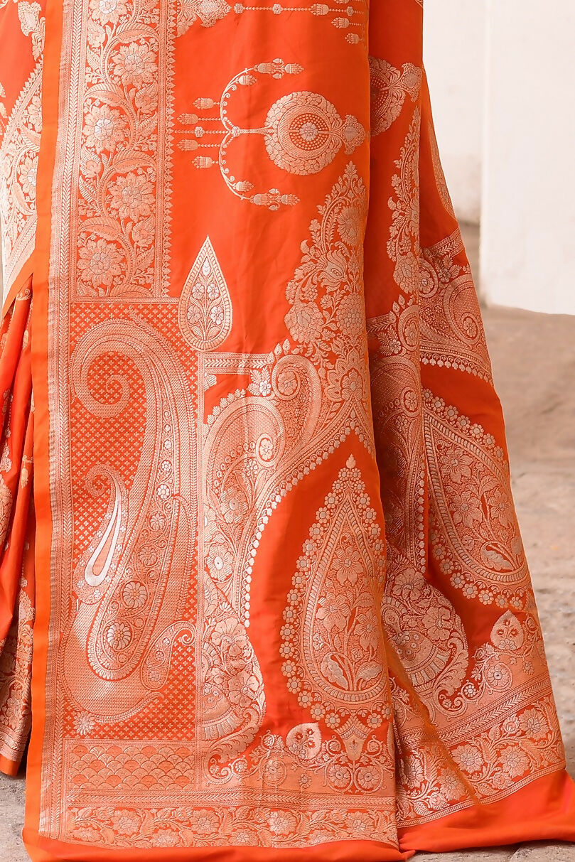 Joban Fashion Orange Banarasi Soft Pure Handloom Banarasi Silk Saree | Swadesiicart
