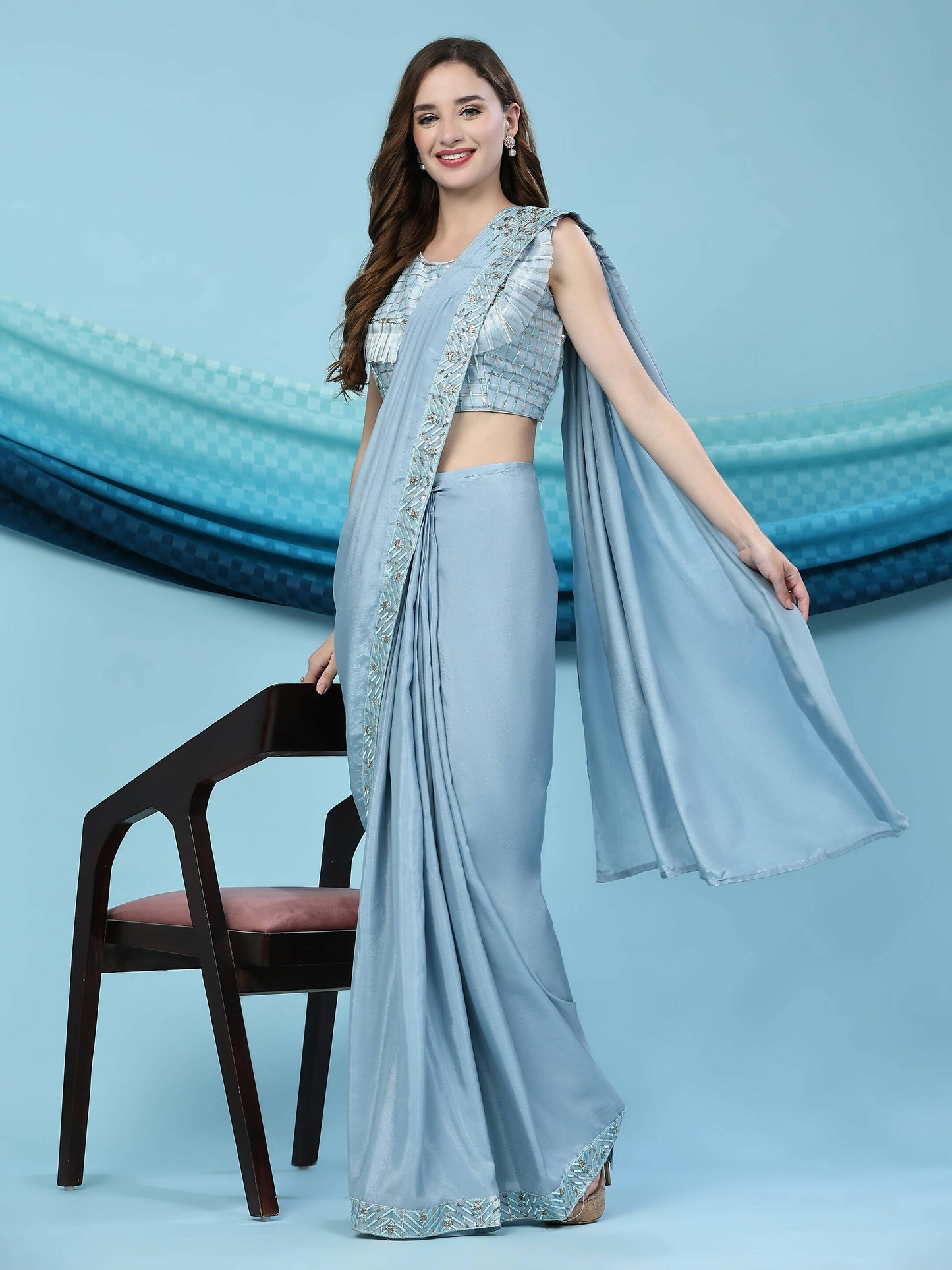 Blue Silk Satin Solid Ready to wear Saree with stitched Blouse - Satiksha | Swadesiicart
