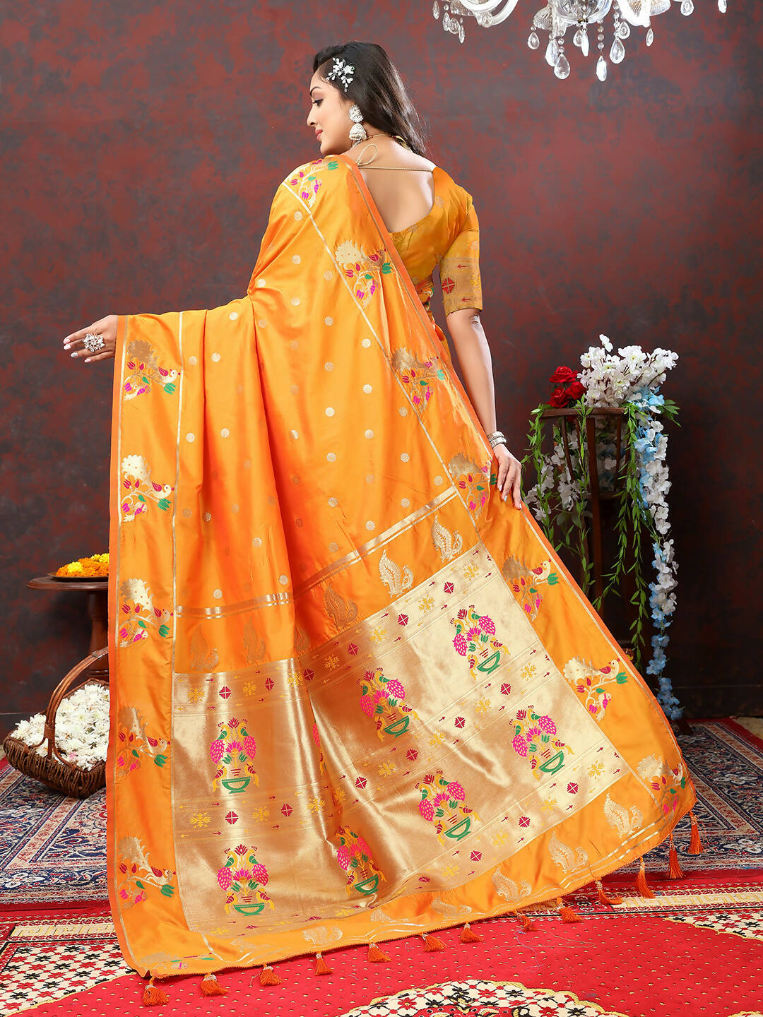 Lorenvalley Fashion Orange Soft Paithani Silk Woven Design Gold Zari Meenakari Weaving Saree - Swadesiicart